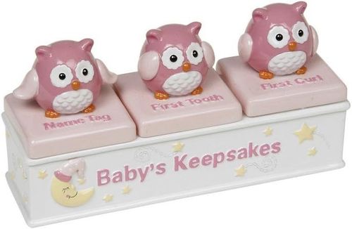 BABY`S KEEPSAKES FIRST TOOTH, CURL & NAME TAG CUTE OWLS — image 1