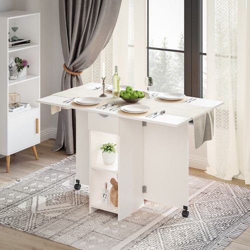 Mondeer UK Folding Dining Table Rolling Drop Leaf with Drawer & 2 Open Shelves