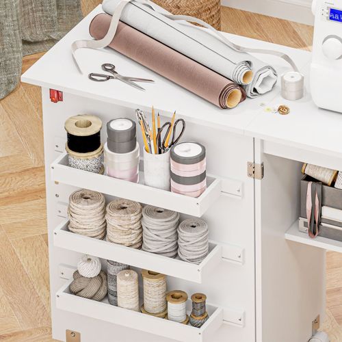 HOMCOM Folding Sewing Table Rolling Craft Table with Drop Leaf Wheels White — image 9