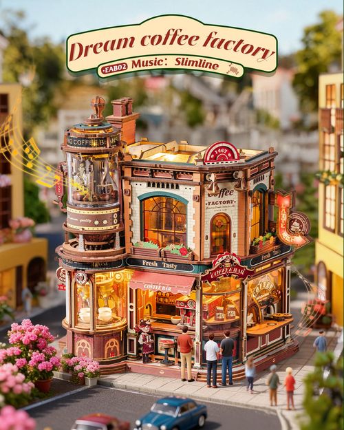 ROKR Dream Coffee Factory 3D Puzzle Building Toys Music Box Wooden Kids Gift — image 1