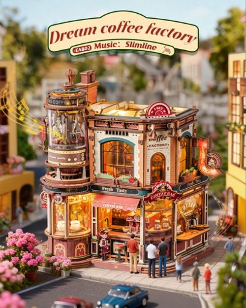 ROKR Dream Coffee Factory 3D Puzzle Building Toys Music Box Wooden Kids Gift