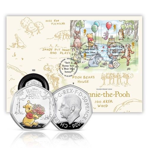 Winnie the Pooh Stamps & 50p Silver Proof Coin Cover Royal Mail & Royal Mint