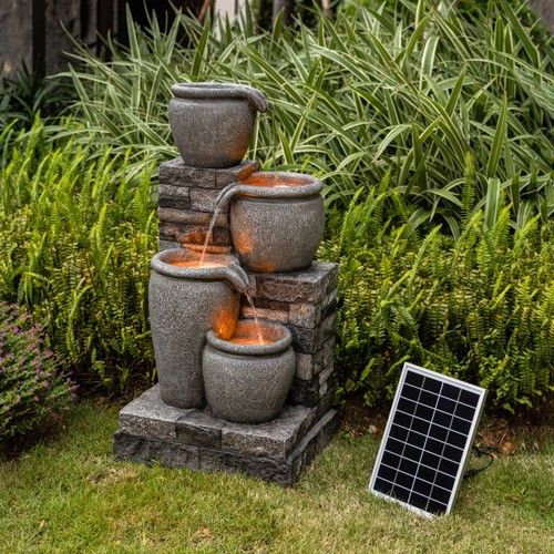 Garden Water Feature Outdoor Solar Powered Fountain Cascading Bowl Grey Teamson
