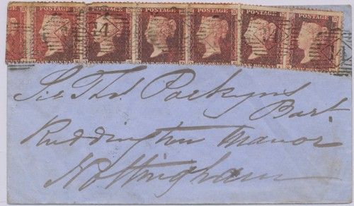 GB 1857 QV 1 d rose-red perf.14 (7 x, strip of five + one pair) w POSTMARK-ERROR