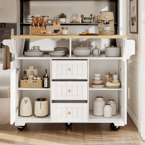 Kitchen Island on Wheels Rolling Storage Trolley with Extendable Worktop, White — image 3