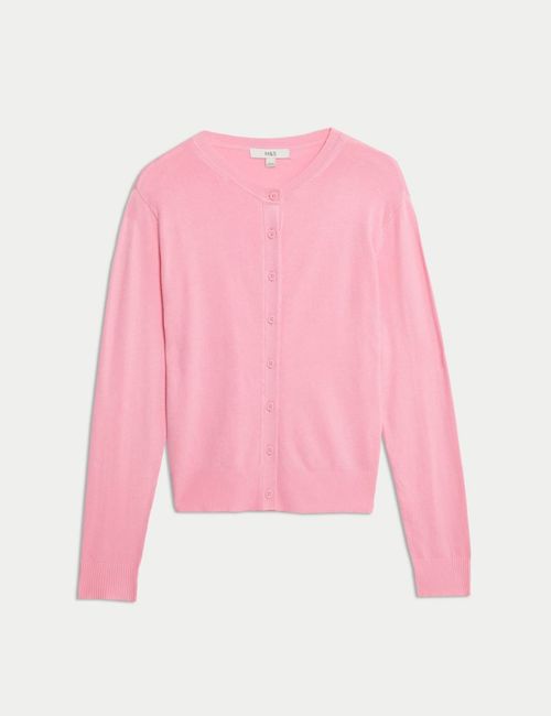 Marks & Spencer Womens Viscose Crew Long sleeved Button Cardigan in Petal Pink — image 2