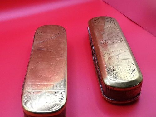 2x 18th century Dutch BRASS TOBACCO BOXES ENGRAVED PRELOVED 