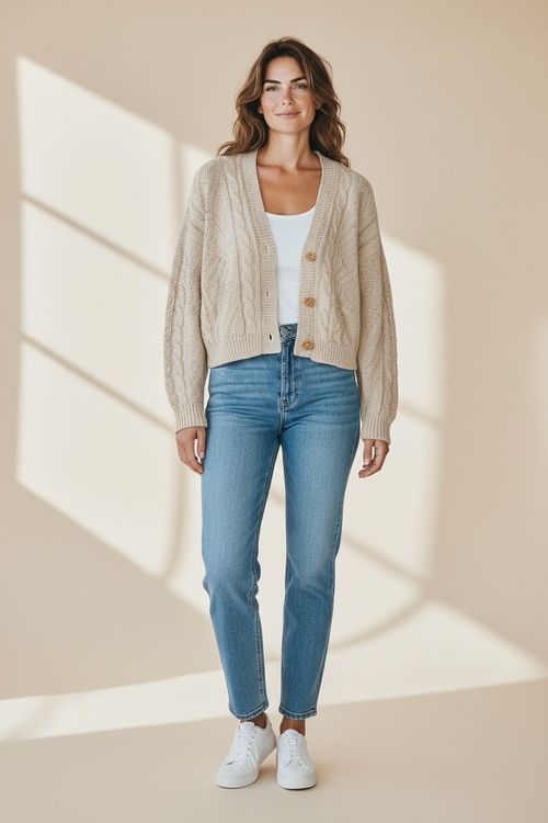 Beige Cable Knit Cropped Cardigan Button Up Chunky Knit V Neck UK M 10-12 New — image 2