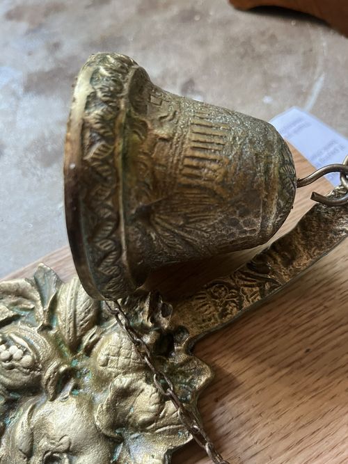 Antique Wall Mounted Cast Brass Bell Mounted On Oak Plinth — image 9