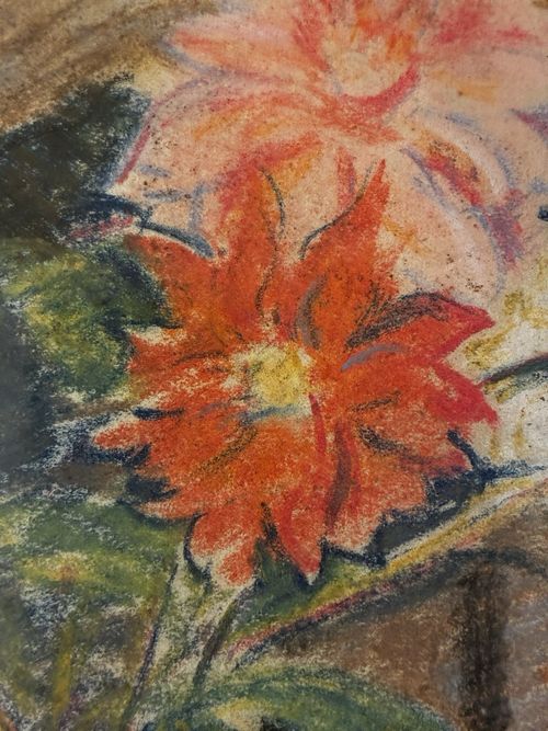Vintage Chrysanthemums Dahlias Vase Original Painting Flowers Floral Blue Frame — image 5