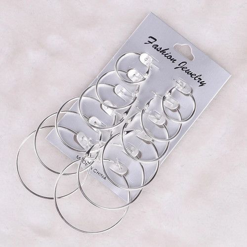 6 Pairs Big Hoop Loop Earrings Jewellery Fashion Silver plated Beading Boho Gift