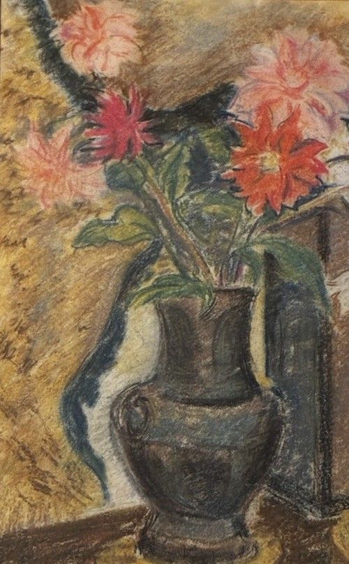 Vintage Chrysanthemums Dahlias Vase Original Painting Flowers Floral Blue Frame — image 4