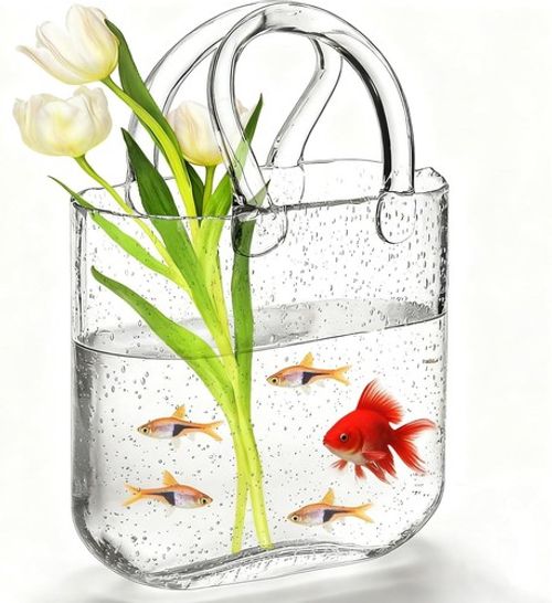 Purse Vase for Flowers, Unique Clear Glass Bag Vases with Handle, Handbag Shape