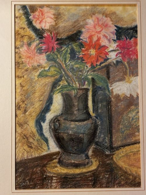 Vintage Chrysanthemums Dahlias Vase Original Painting Flowers Floral Blue Frame — image 3