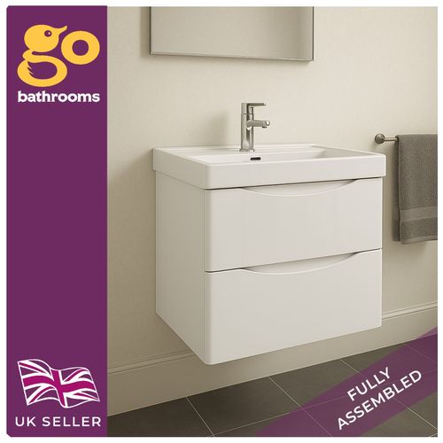 600mm White Gloss Wall Hung Bathroom Vanity Unit with Basin & Soft Close Drawers — image 9