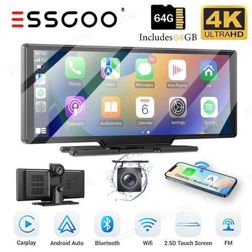 10.26" Portable 4K Touch Dash cam Car Stereo Wireless Apple Carplay Android Auto