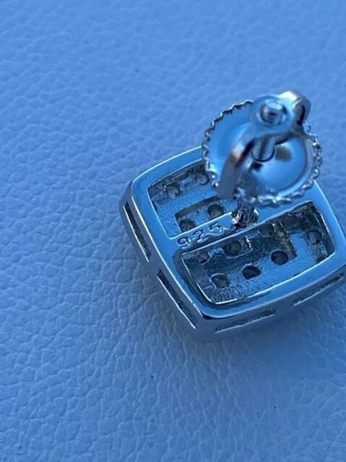 Real Solid 925 Silver Iced Simulated Diamond Earrings Screw Back Square Men's — image 12