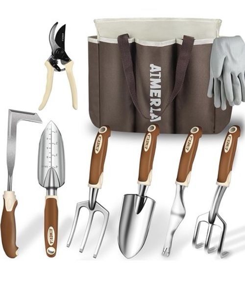 9-Piece Garden Tool Set, Heavy Duty Tools with Large Garden Bag, Garden Gift