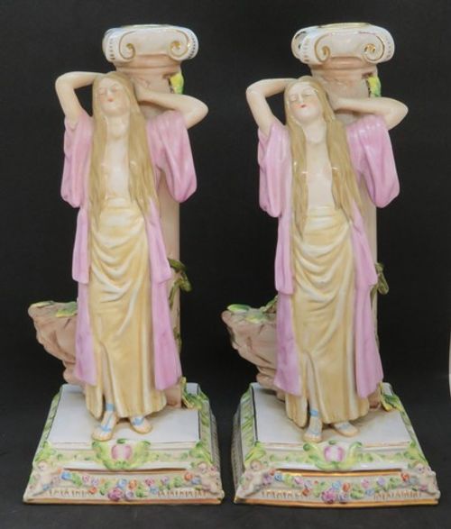 Continental porcelain vintage Victorian antique pair of figural candlesticks