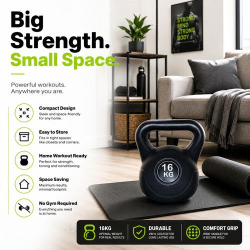 Heavy Duty Black Vinyl Kettlebell 16kg for Gym and Home Workout Training