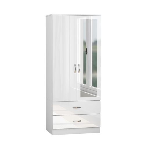 Wooden 2 Door Wardrobe with Mirror 2 Drawers Wardrobe Bedroom Storage Furniture — image 1