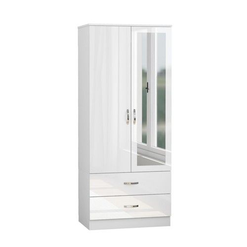 Wooden 2 Door Wardrobe with Mirror 2 Drawers Wardrobe Bedroom Storage Furniture
