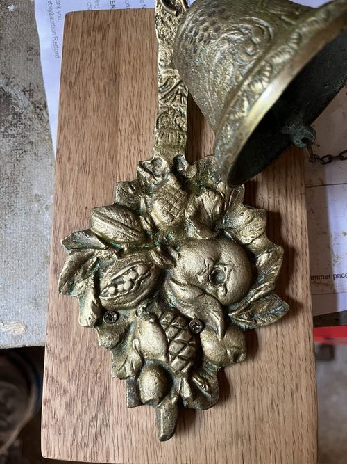 Antique Wall Mounted Cast Brass Bell Mounted On Oak Plinth — image 7
