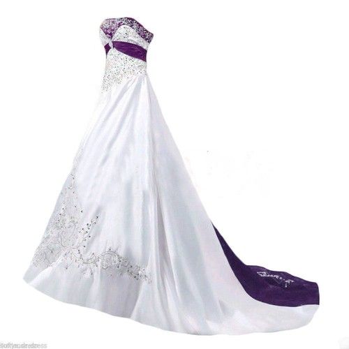 Wedding Dress A Line Strapless Bead Embroidery White Purple Vintage Bridal Gown