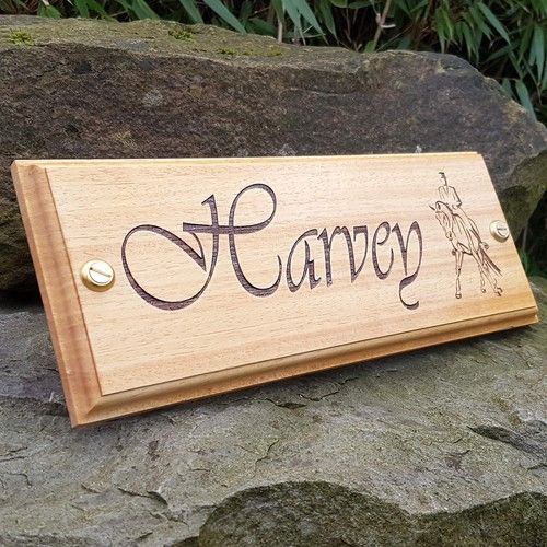 Horse Name Plate Wooden Stable Door Sign Plaque (Vivaldi Font & Dressage Logo)