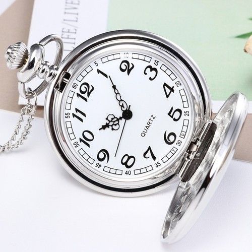 Vintage Quartz SILVER Pocket Watch with Chain 1920's Classic NK Battery Gift UK