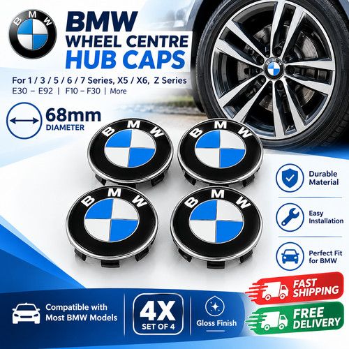 Set of 4 BMW Wheel Centre + 4 Badges Caps Fitts 1 2 3 7 Series X5X6 M3 E46-68MM