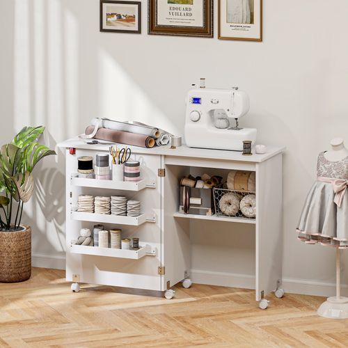 HOMCOM Folding Sewing Table Rolling Craft Table with Drop Leaf Wheels White — image 10