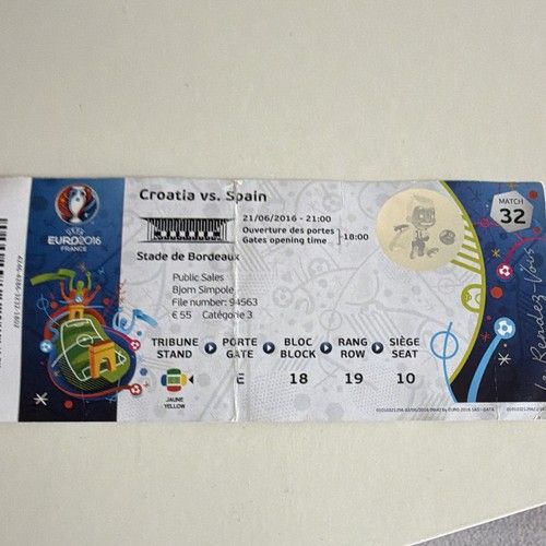 UEFA EURO 2016 Match Ticket Croatia vs Spain 21/06/2016 Stade de Bordeaux