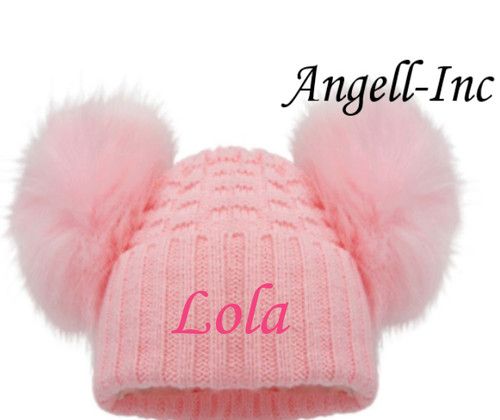 PERSONALISED BABY FUR POM POM HAT KNITTED WINTER WHITE PINK BLUE GREY GIFT