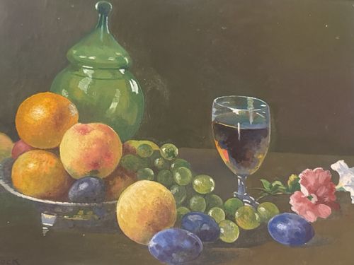 H Bullock Signed Original Oil Painting Fruit Grapes Wine Still Life Framed 21in — image 3