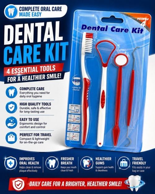 4 Piece Dental Care Kit Toothbrush Tongue Cleaner Mirror Dental Pick Oral Hygien