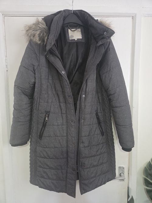 RJR John Rocha Womens Grey Hooded Puffer Coat Faux Fur Trim Zip Quilted Size 16 — image 2