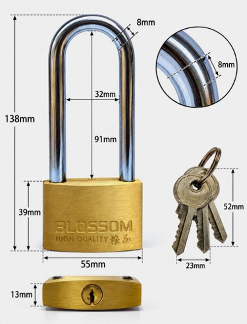 BLOSSOM Brass Keyed Padlock Extended Steel Shackle 8mm 55mm Keyway C
