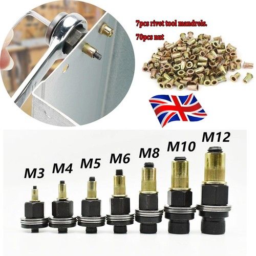 77x Rivet Nut Kit with Steel Rivet Tool Mandrels M3/M4/M5/M6/M8/M10/M12 Nut Set