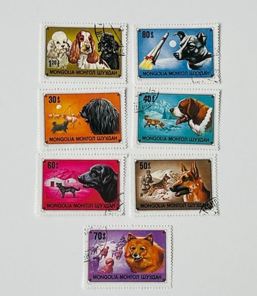 Mongolia Dogs in Action 1976 Set of 7 stamps celebrate the role of service dogs
