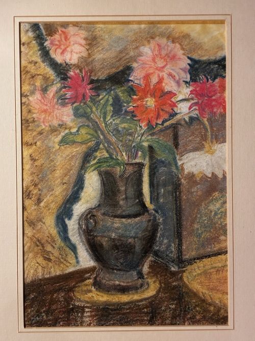 Vintage Chrysanthemums Dahlias Vase Original Painting Flowers Floral Blue Frame — image 11