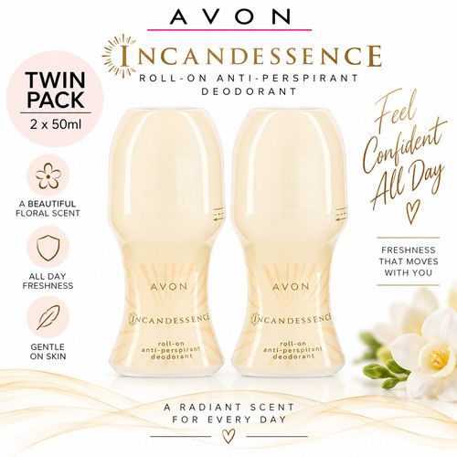 AVON INCANDESSENCE ROLL-ON DEODORANT x2 | 50ML TWIN PACK | ANTI-PERSPIRANT