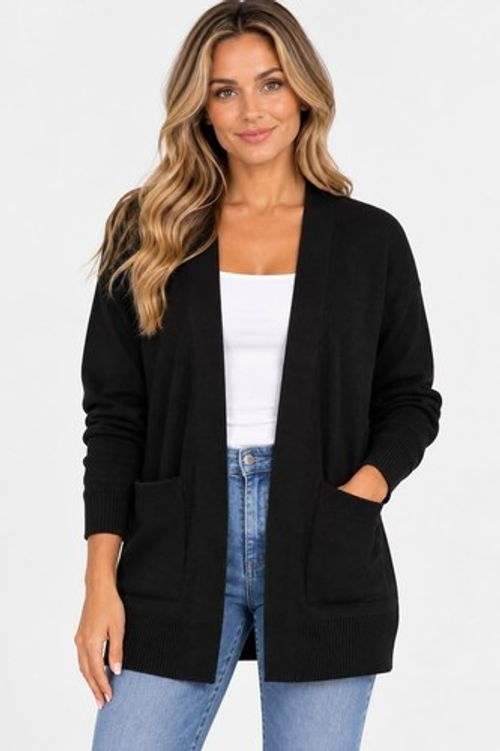 Women’s Open Front V Neck Knit Cardigan Pockets Long Sleeve Ex Store UK NEW