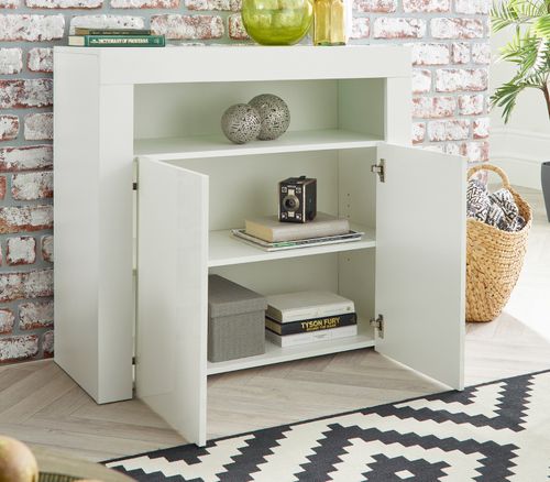 White Gloss Sideboard Storage Cabinet 90cm 2 Door LED Lights Cupboard — image 9