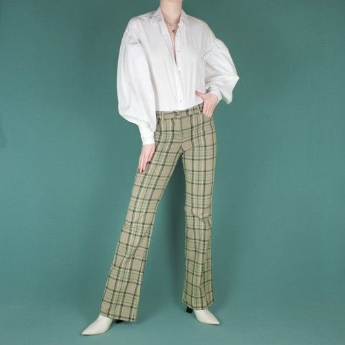 VINTAGE 90s 2000s Flare Y2K Low Rise Beige Yellow Check Tartan Trousers Pants XS