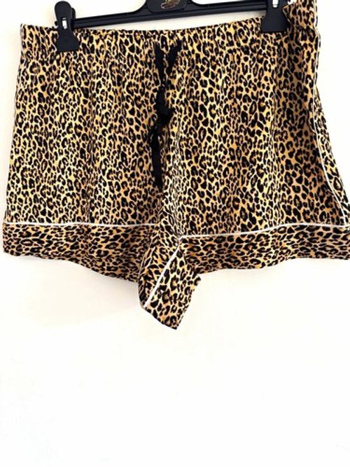 Women's Satin Leopard Print Pyjama Shorts Beige/Black Size 36 Elastic Drawstring
