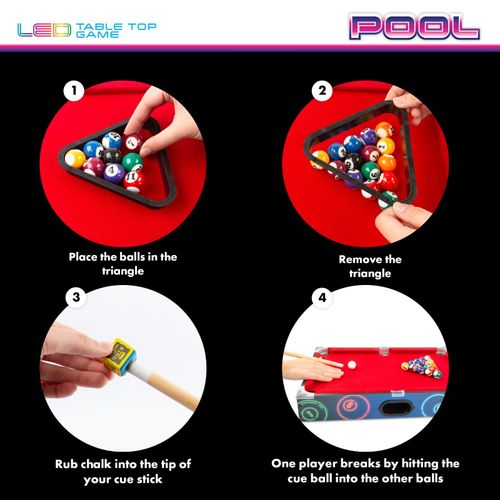 Mini LED Tabletop Pool Table Light Up Kids Snooker Game with Cues Balls 50cm — image 7