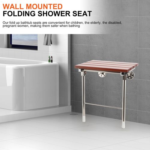 Wall Mounted Folding Shower Seat with Legs Wooden Bathroom Bench Non-Slip for — image 2