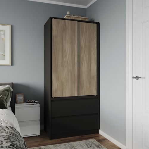2 Sliding Doors Wardrobe 2 Drawer Bedroom Clothes Hanging Rail Storage Cupboard — image 1
