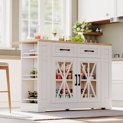 Kitchen Island, Storage Cupboard with Drop Leaf Countertop & Side Racks, White — image 10